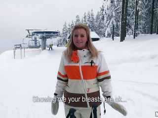 It's winter and very cold outside on that ski track but Nathaly shows us her big sweet boobs for some cash. She's one hell of a blonde, a pretty face, long hair and big hot boobs. Nathaly is a greedy bitch and for some extra specie she will do a lot, wanna find out what?