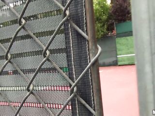 2 hot teens, a blond and a brunette, are playing tennis. A horny pervert is passing by and is watching them through the fence. They are all in the mood for some fucking and leave together to go into a room. The girls..