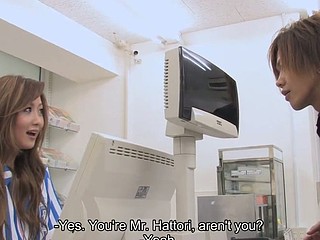 Shy cashier hottie Hibiki Ohtsuki in fishnet nylons gets tempted by her former teacher and then banged pretty hard by him and his allies hardcore in the supermarket, getting her hirsute vagina all wet and stretched as..