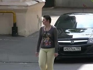 Chubby chick wets her pants on the road